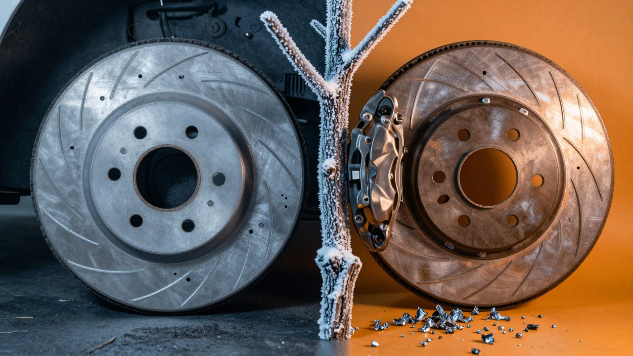 Сравнение двух типов тормозных дисков: один с органическим материалом, другой с металлическими частицами.