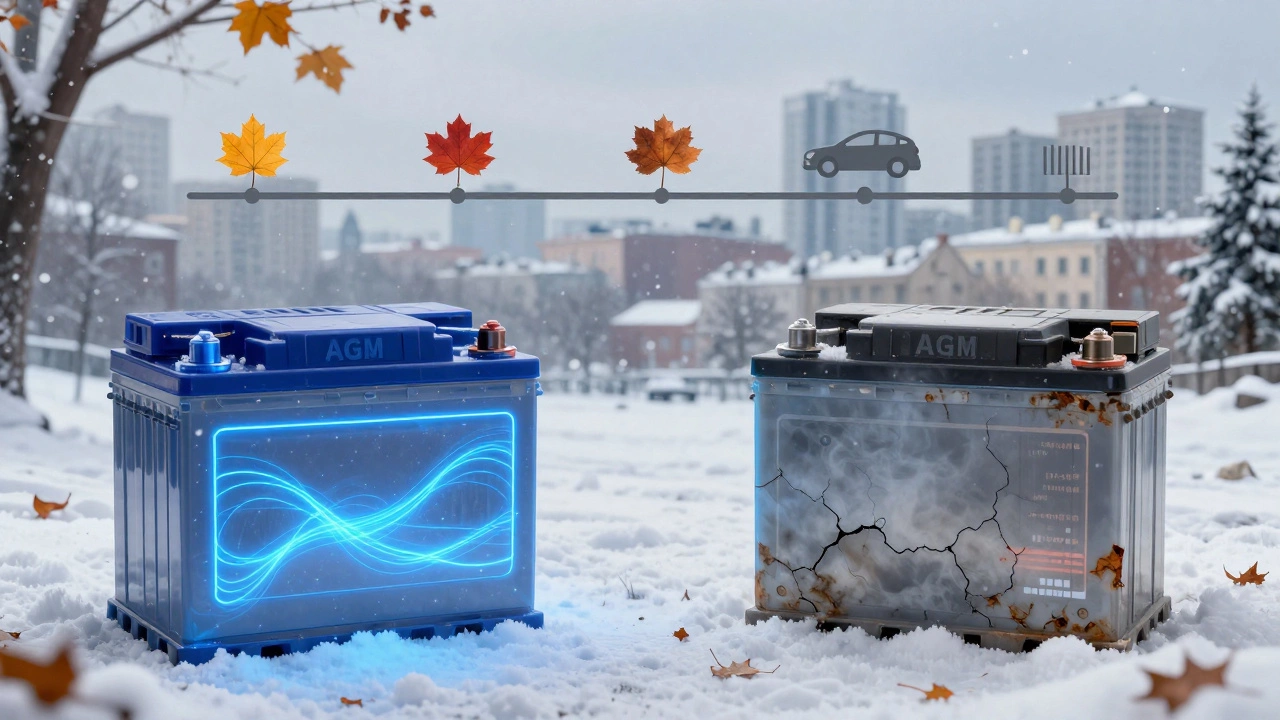 Сравнение нового и старого аккумулятора: здоровый с синим свечением и повреждённый с трещинами.