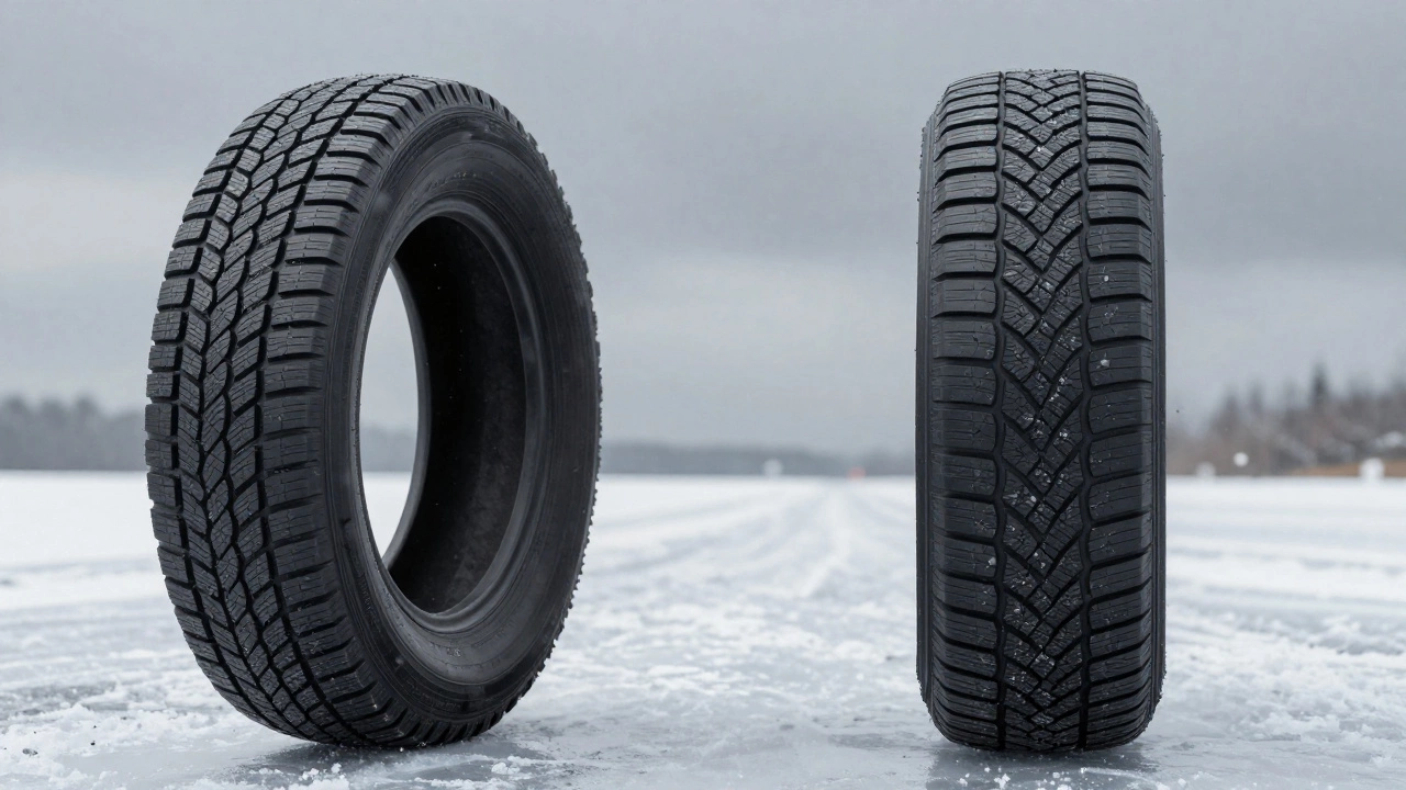 Сравнение протекторов зимней и летней шины на ледяной дороге.