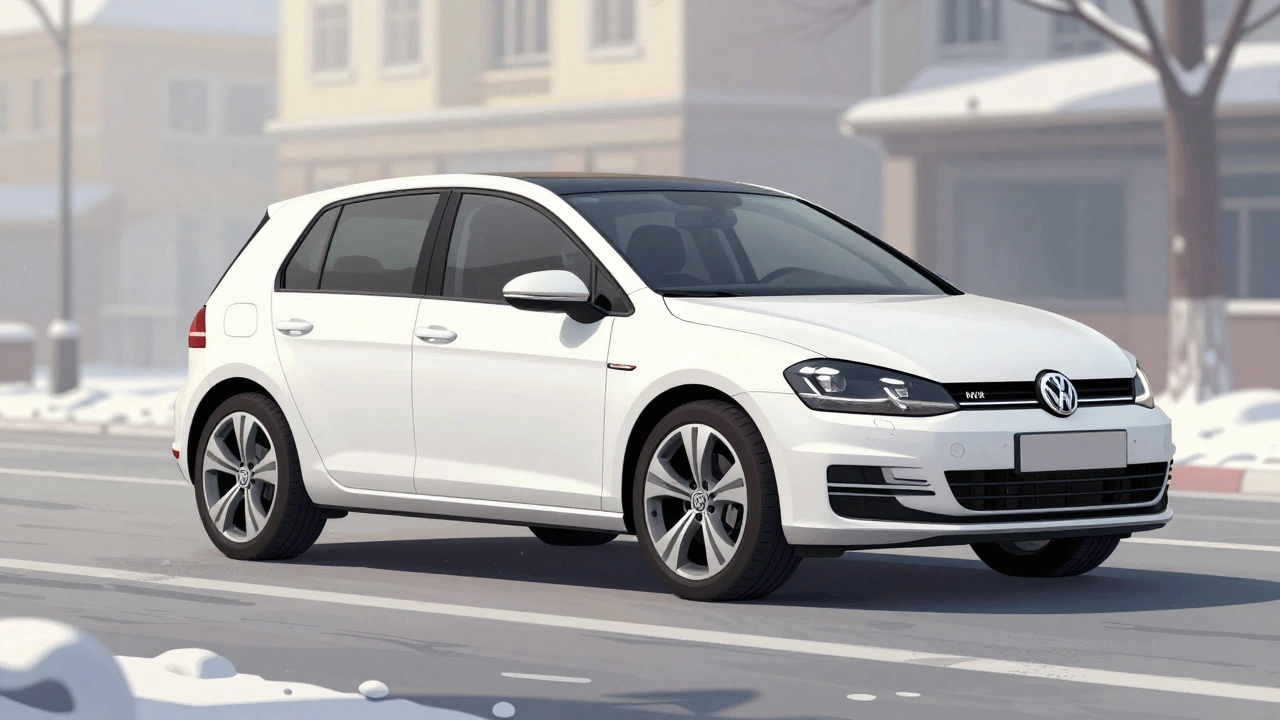 Volkswagen Golf Mk7 с 17-дюймовыми дисками и идеальными пропорциями на заснеженной улице.
