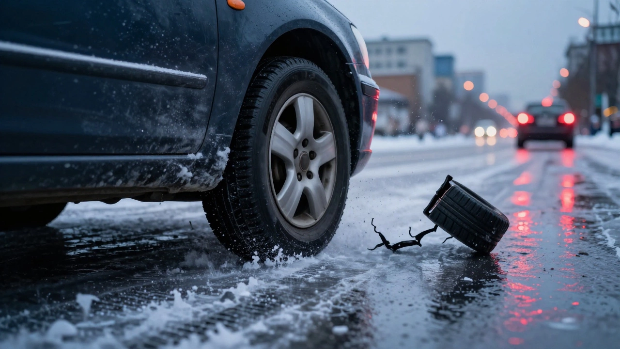 Автомобиль скользит на льду, одна из старых шин оторвалась и лежит на дороге.