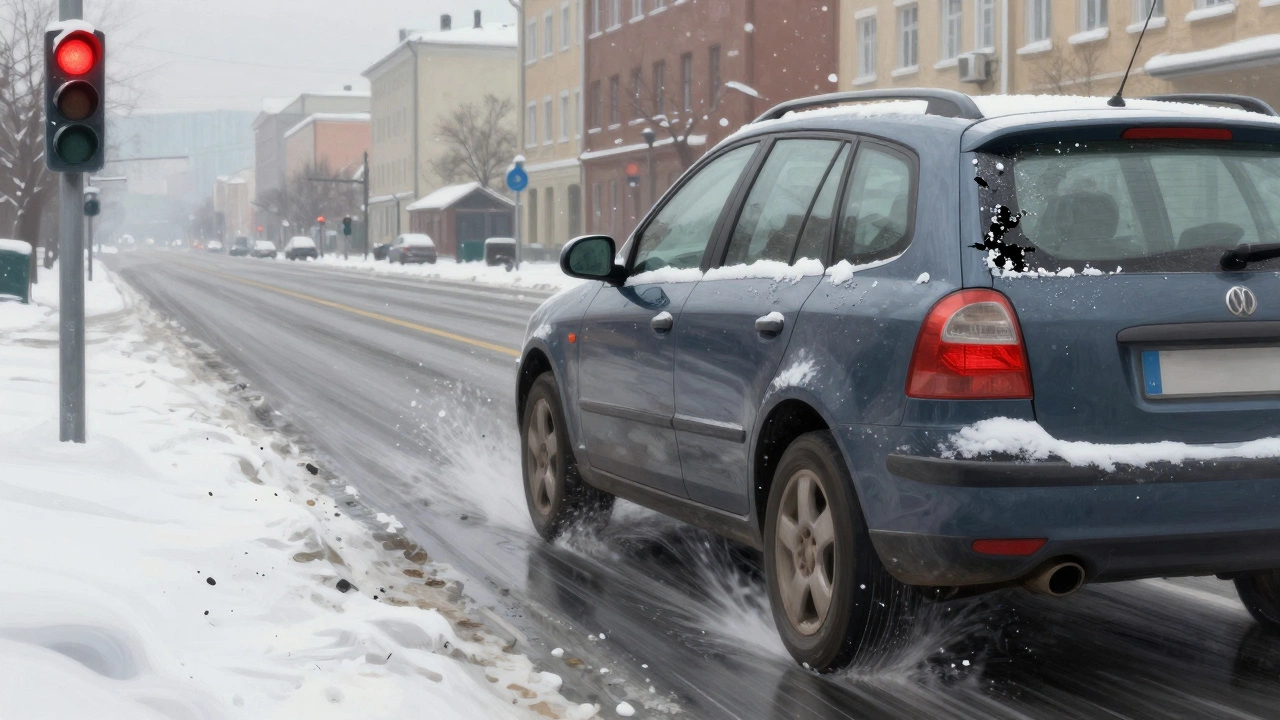 Автомобиль тормозит в снежном городе, из тормозных колодок сыплются частицы, на дороге — соль и снег.