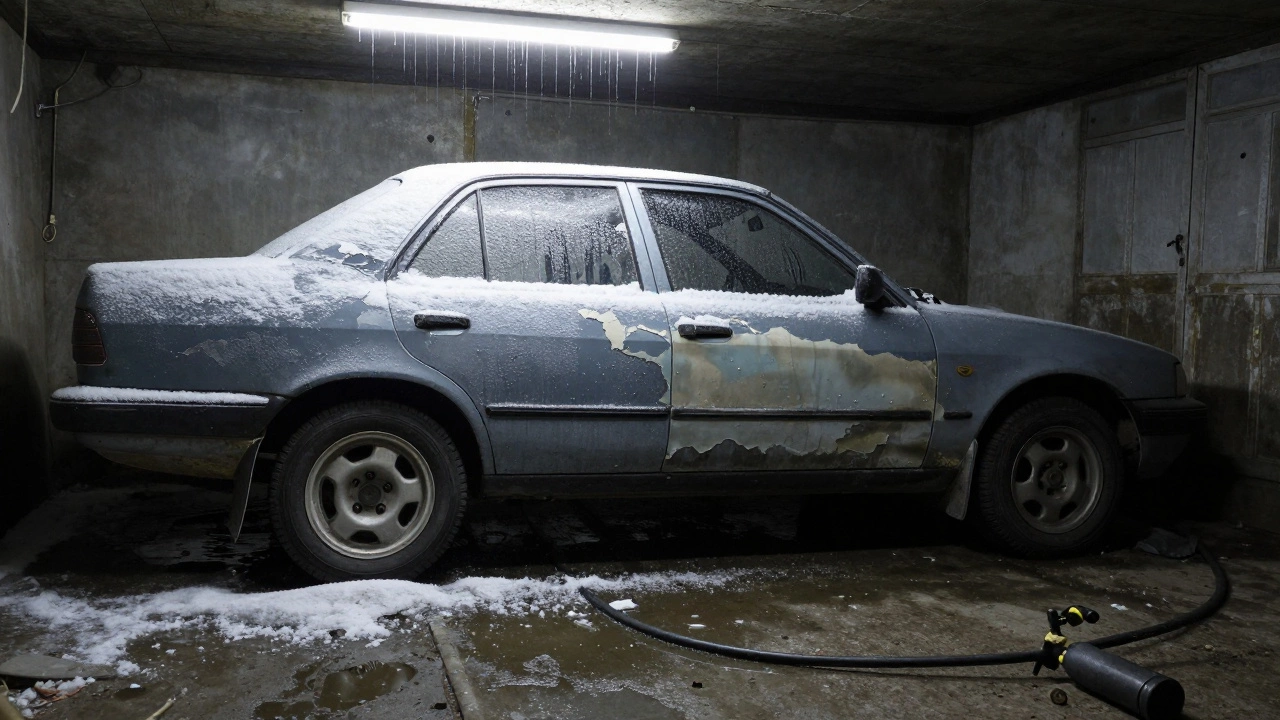 Автомобиль в неотапливаемом гараже, вода под днищем, отслаивающееся антикоррозийное покрытие.