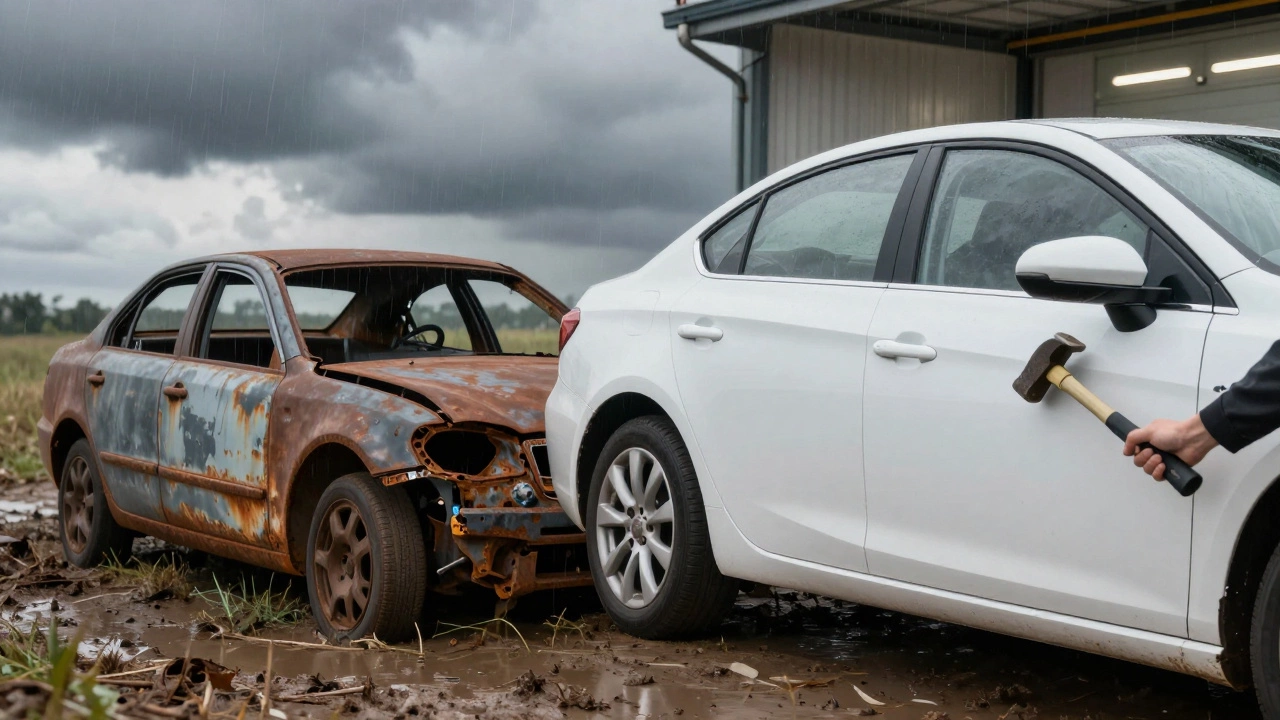 Две машины: одна сгнила в грязи, другая — цела в гараже.