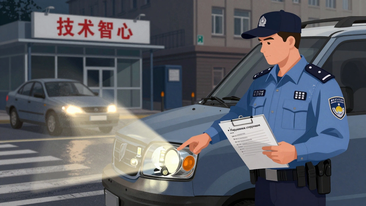 Инспектор ГИБДД указывает на незаконные светодиодные лампы в фарах автомобиля