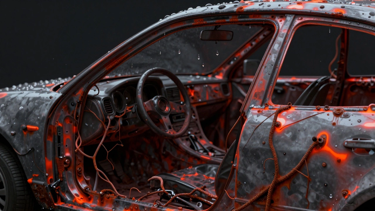 Макроизображение ржавчины, разрастающейся под защитным слоем кузова, как живые волокна.