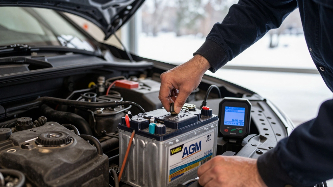 Механик устанавливает AGM-аккумулятор в двигатель, на зарядном устройстве отображается режим AGM.