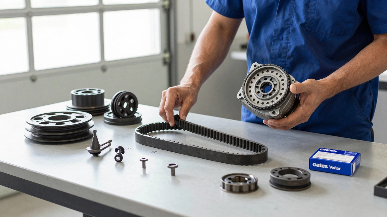 Новый комплект ремня ГРМ рядом со старым на рабочем столе механика