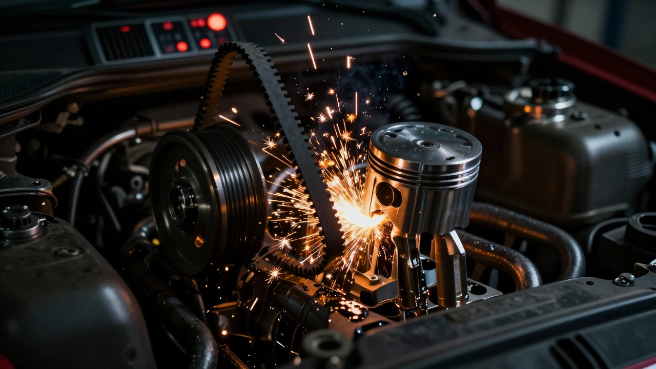 Разорванный ремень ГРМ и повреждённые клапаны в моторе при аварийном отказе.