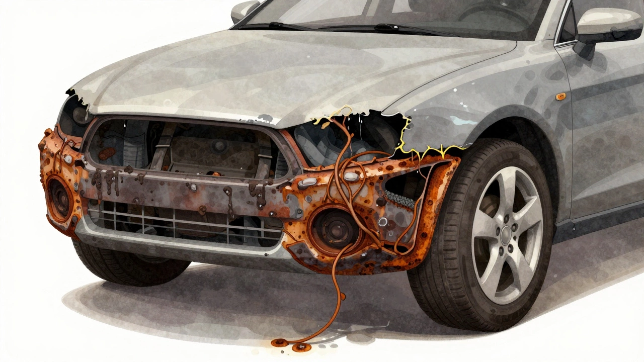 Разрез автомобиля, показывающий распространение ржавчины и защитные покрытия.