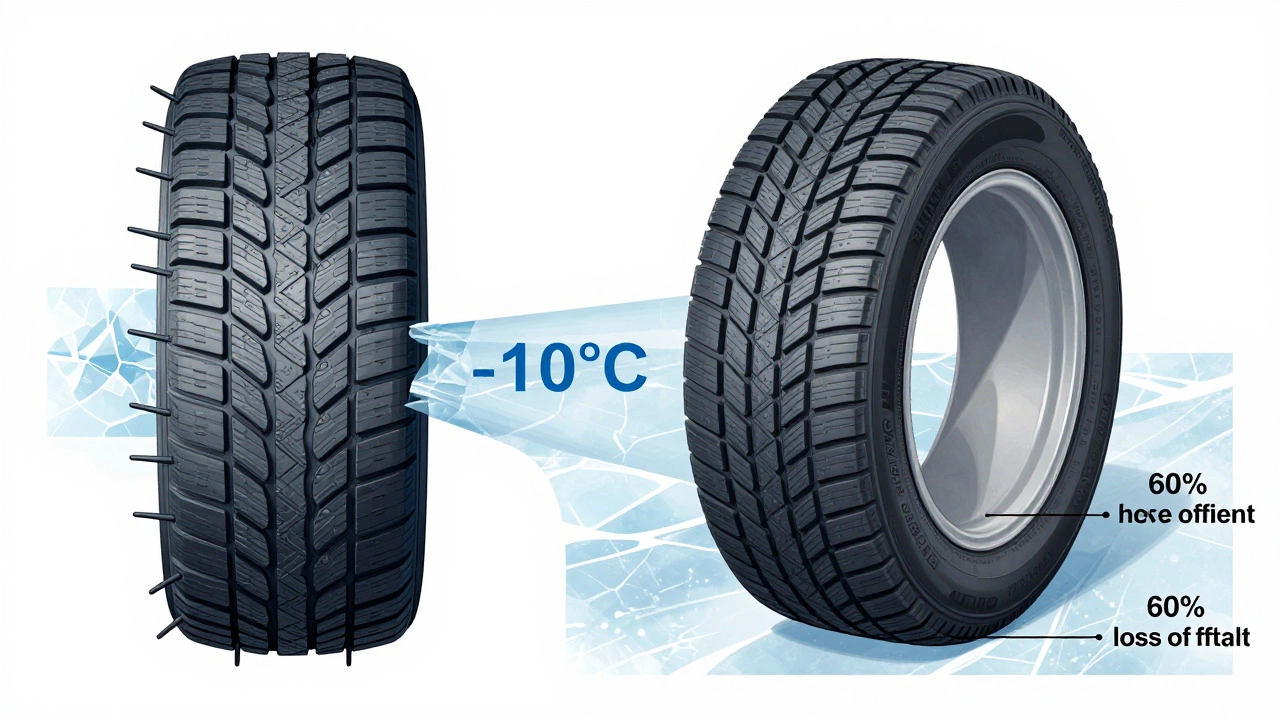 Сравнение структуры зимних и всесезонных шин при морозе: гибкая резина с ламелями против твердой резины без сцепления.