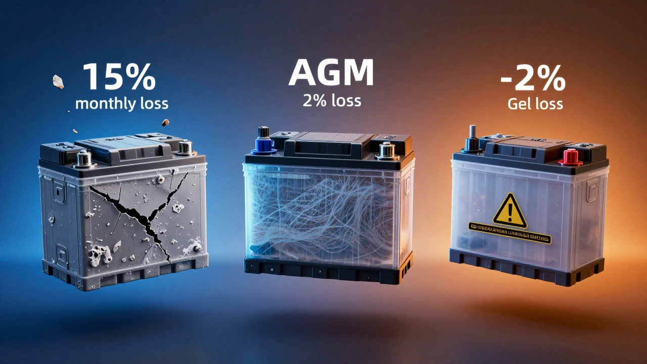 Сравнение трёх типов аккумуляторов: кислотный, AGM и гелевый, с указанием потерь заряда.