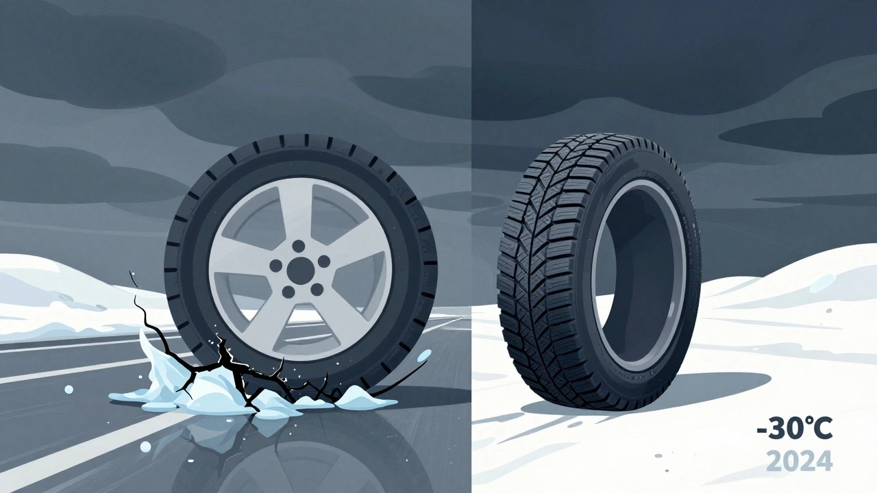 Старая зимняя шина трескается на морозе, рядом — новая, надежно цепляющаяся за снег.