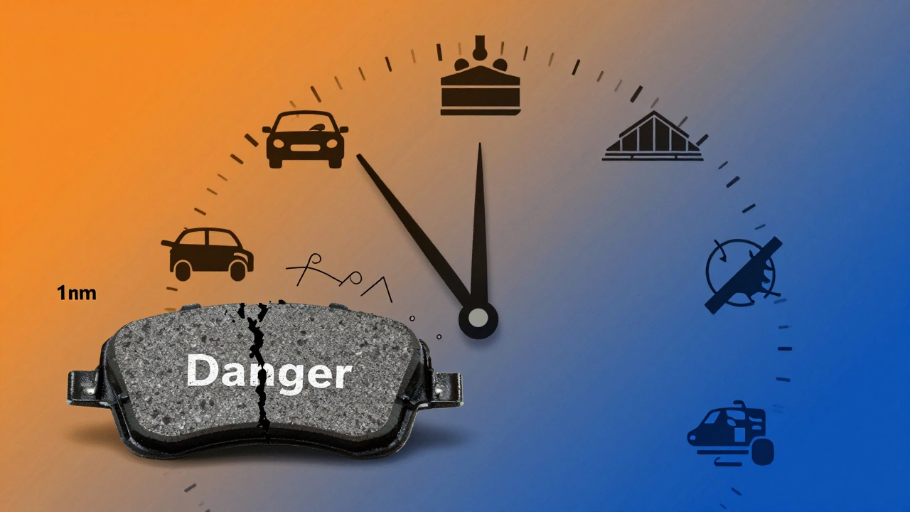 Тормозные колодки как часы с часовой стрелкой, указывающей на опасный уровень износа в 1 мм.