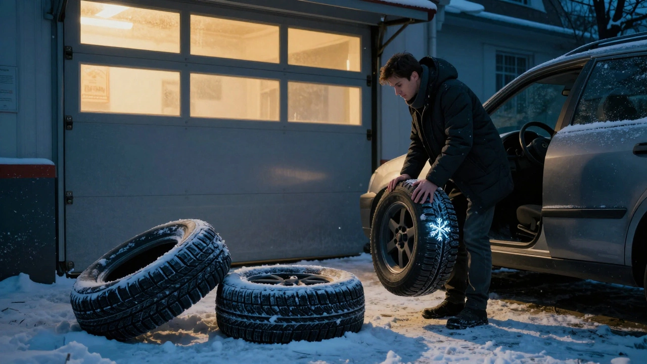 Водитель держит зимние шины с символом снежинки, всесезонные шины лежат в снегу, теплый свет из гаража символизирует безопасность.