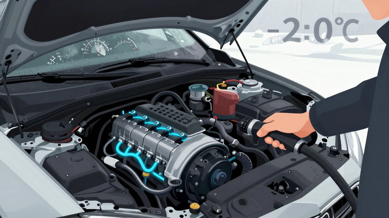 Водитель плавно разгоняет автомобиль зимой, температура двигателя поднимается