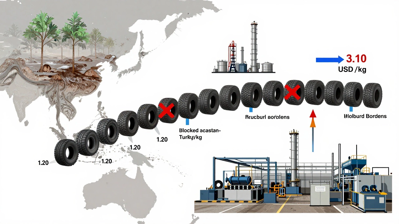Цепочка поставок шин: натуральный каучук из Юго-Восточной Азии, нефть, блокированные границы и замена оборудования в России.
