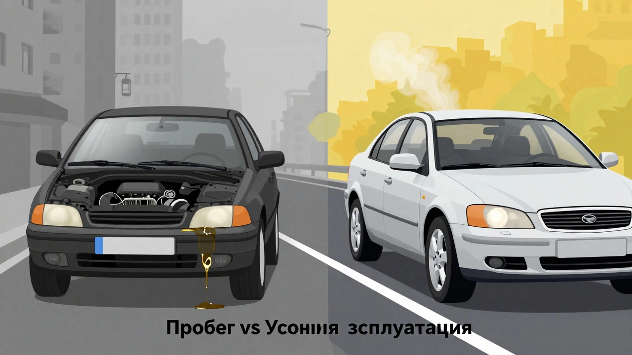 Два автомобиля: один в городе с грязным маслом, другой на трассе с чистым двигателем.