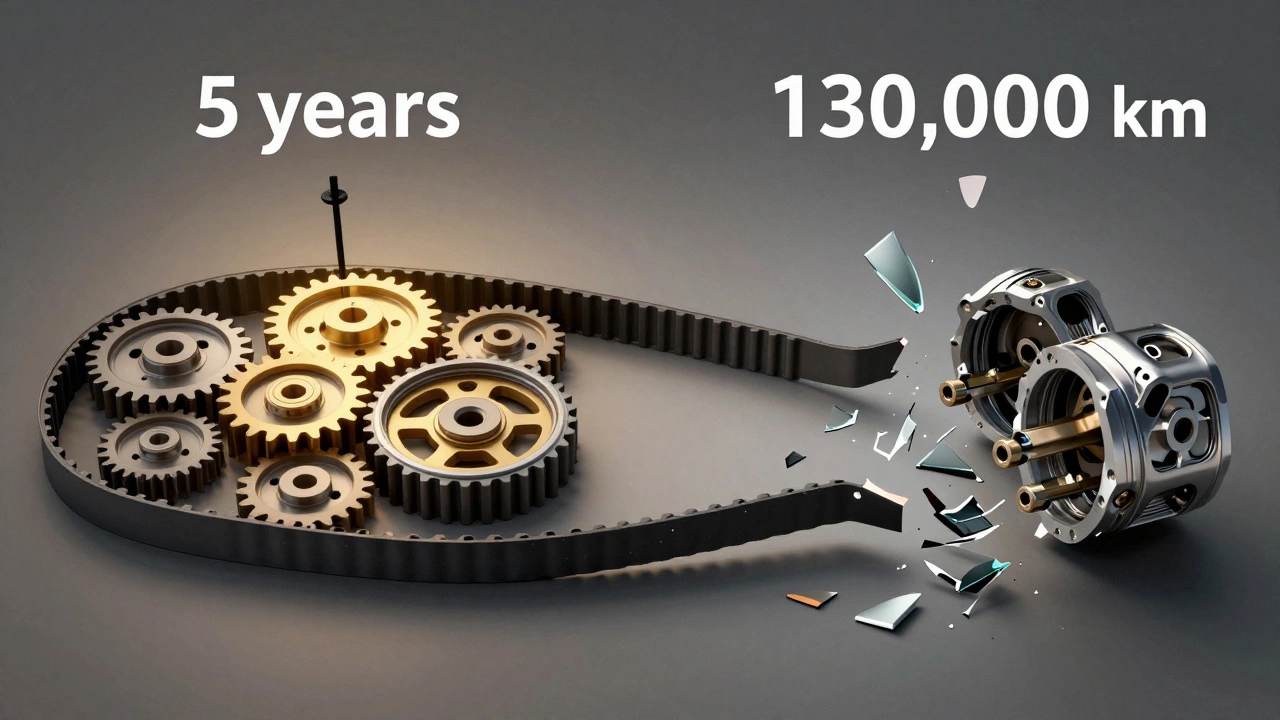 Двухсторонняя иллюстрация: целый ремень ГРМ и разорванный с повреждёнными клапанами и поршнями.