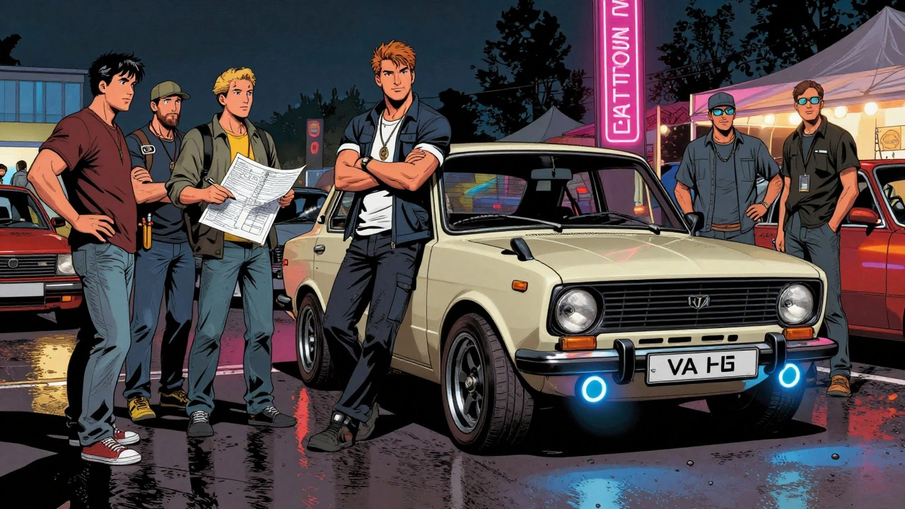 Группа энтузиастов на автосалоне в Екатеринбурге демонстрирует тюнингованный ВАЗ с подсвеченным выхлопом.