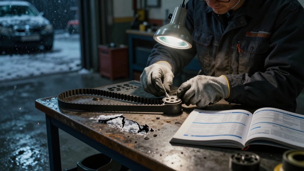 Механик осматривает старый ремень ГРМ под лампой в автосервисе, рядом лежит новый и сервисная книжка.