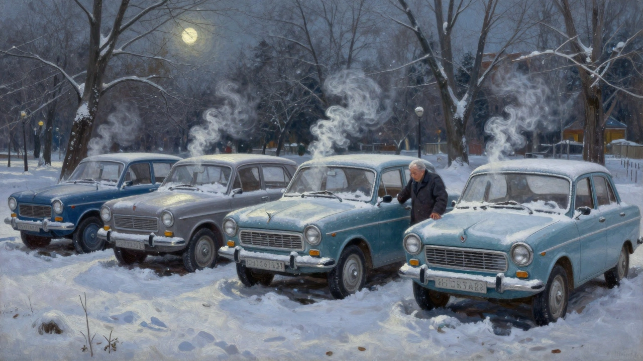 Пять старых советских машин под снегом в зимнем парке, один человек прикасается к кузову под лунным светом.