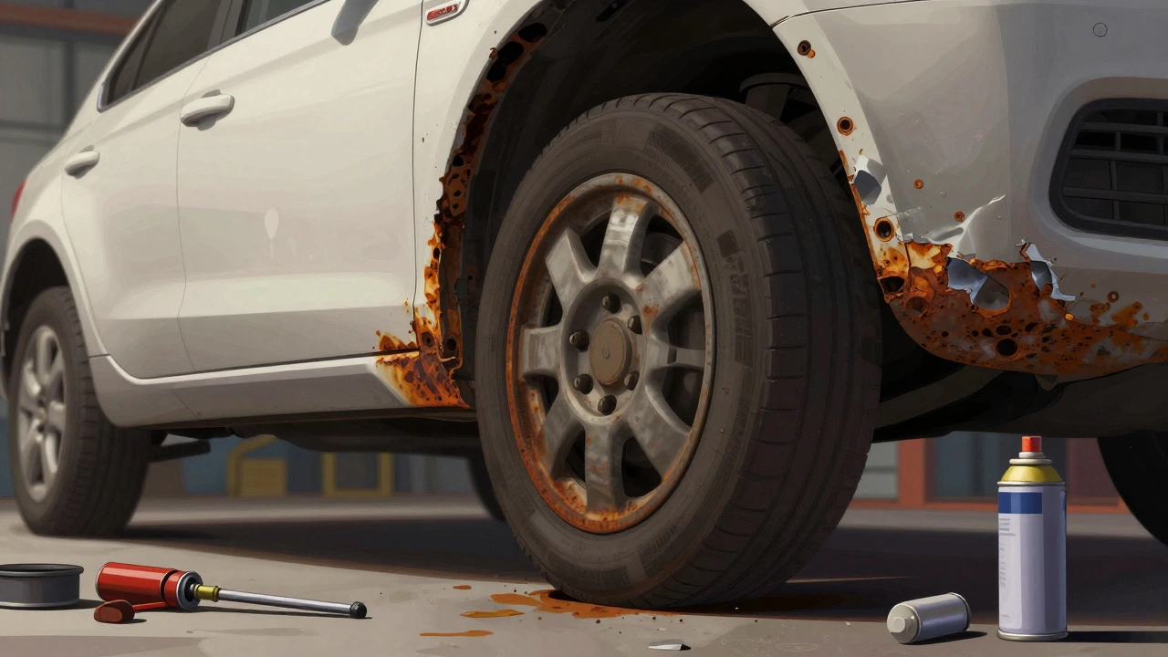 Под автомобилем на подъёмнике: детальный вид ржавых порогов и отслоившегося антикора.