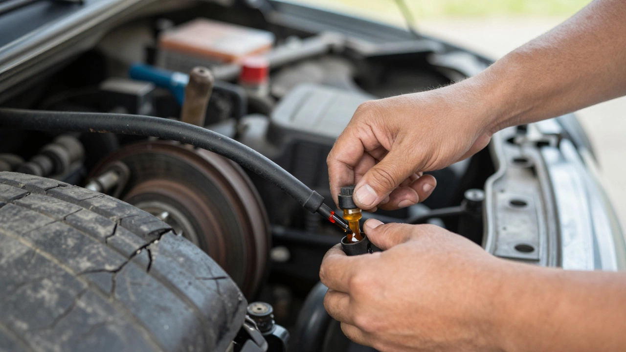 Руки механика проверяют уровень масла в двигателе автомобиля возрастом 5 лет.