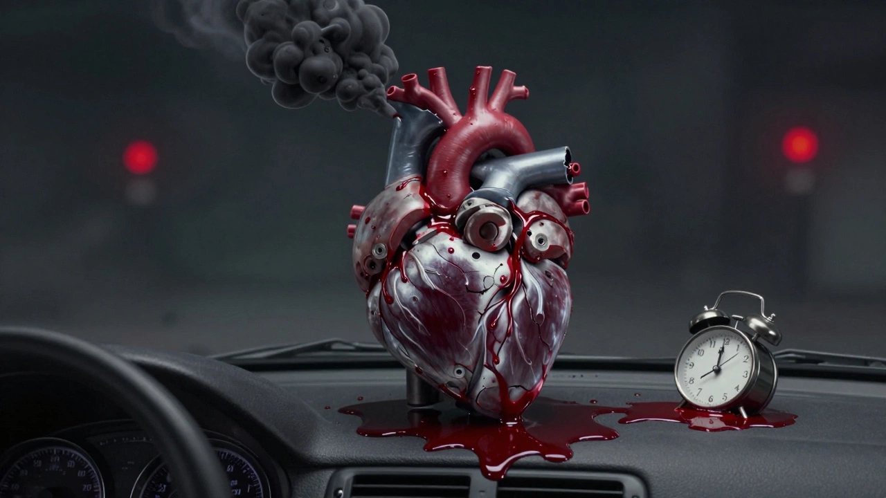 Символическое изображение сердца, заменённого разрушающимся мотором, с масляными потоками и металлической стружкой.