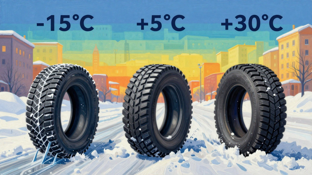 Сравнение трех типов шин: шипованные, фрикционные и всесезонные, на разных дорожных условиях с температурными зонами.