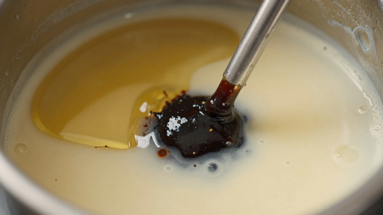 Щуп с разными состояниями масла: золотистое, тёмное, молочное.