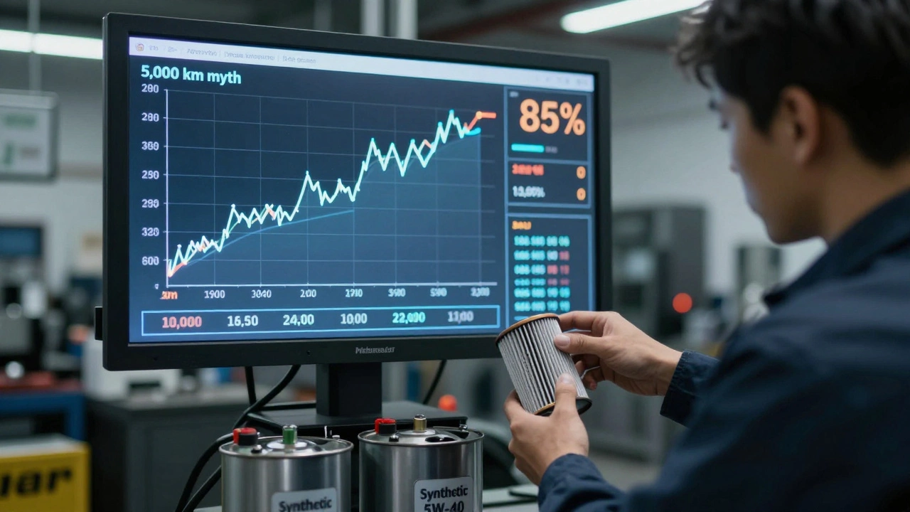 Техник меняет масляный фильтр, на экране — график сохранения свойств масла на 20 000 км.