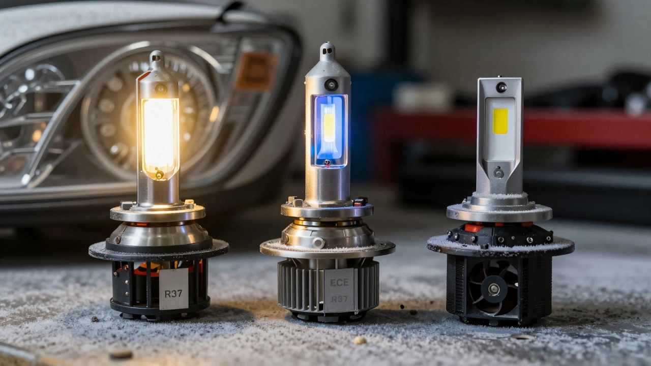 Три типа автомобильных ламп на фоне морозного верстака: галогеновая, ксеноновая и сертифицированная светодиодная с маркировкой ECE R37.