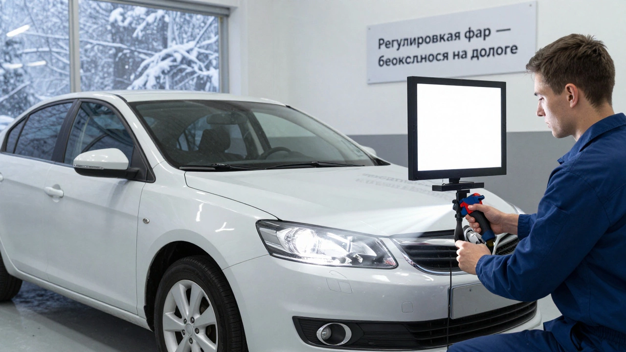 Водитель и техник регулируют фары автомобиля в автосервисе, световой пучок проецируется на калибровочный экран.