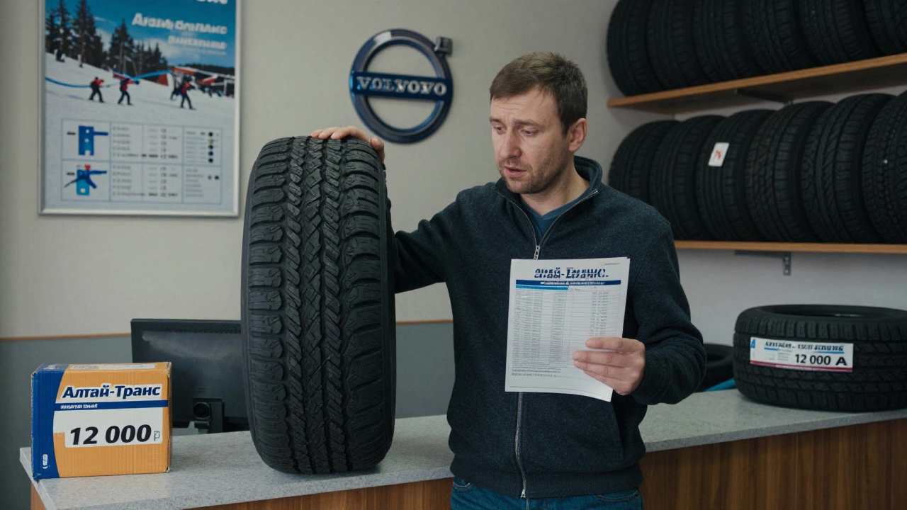 Водитель смотрит на старую шину и дорогие новые, в магазине видны реклама премиум-брендов и одна недорогая альтернатива.