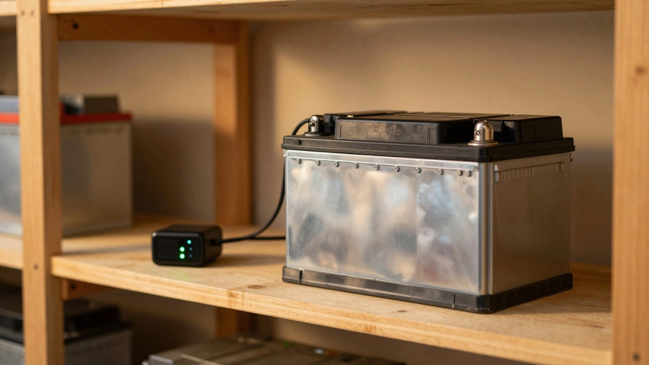 Аккумулятор хранится на полке в тепле с подключённым зарядным.