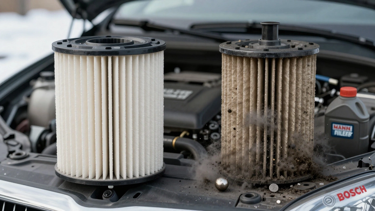 Чистый и загрязненный воздушный и масляный фильтры рядом с мотором.