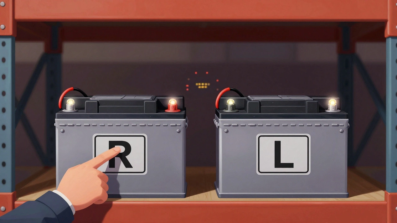 Два аккумулятора на полке: один с маркировкой R, другой с L, механик указывает на правильный.