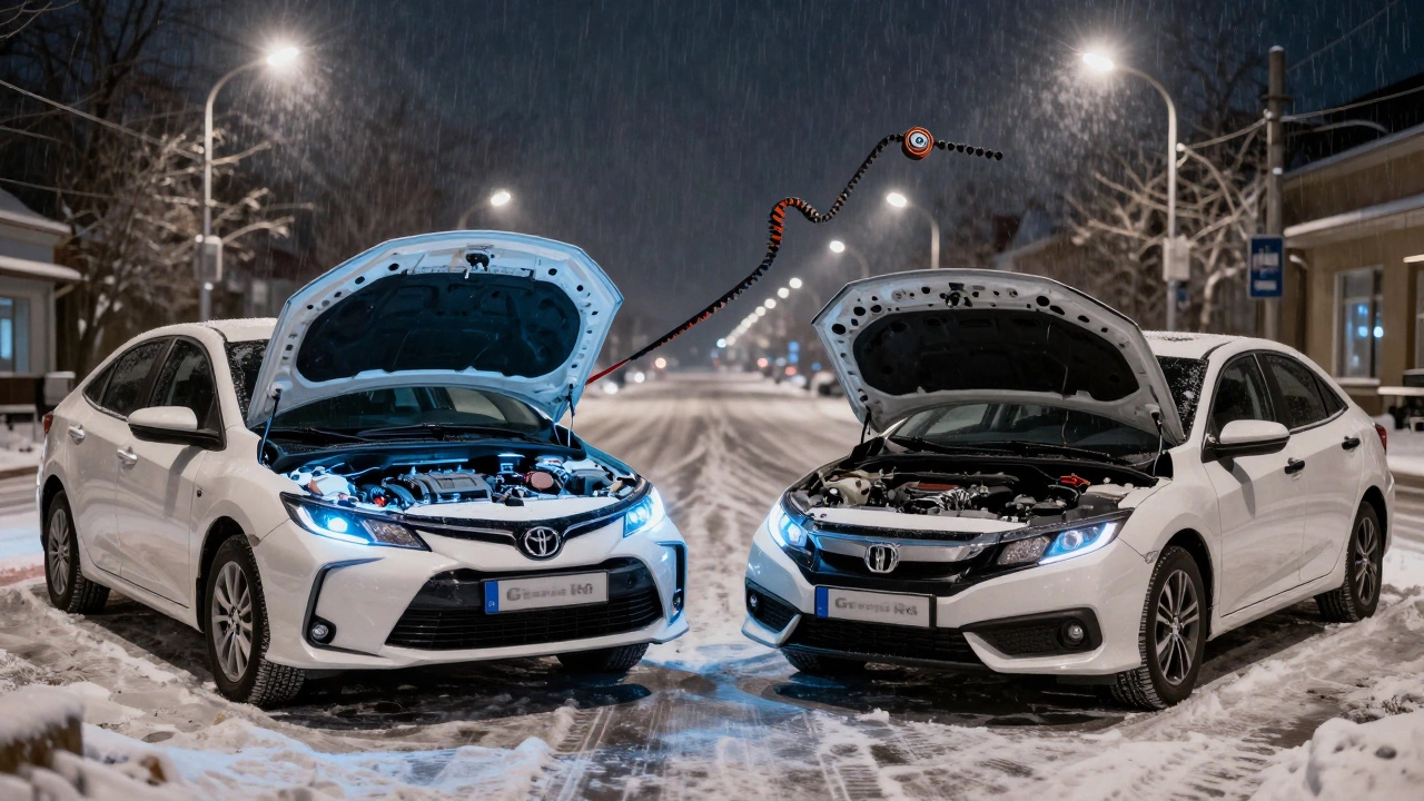 Две машины на снегу: один двигатель с целым ремнем ГРМ, другой — с разорванным.