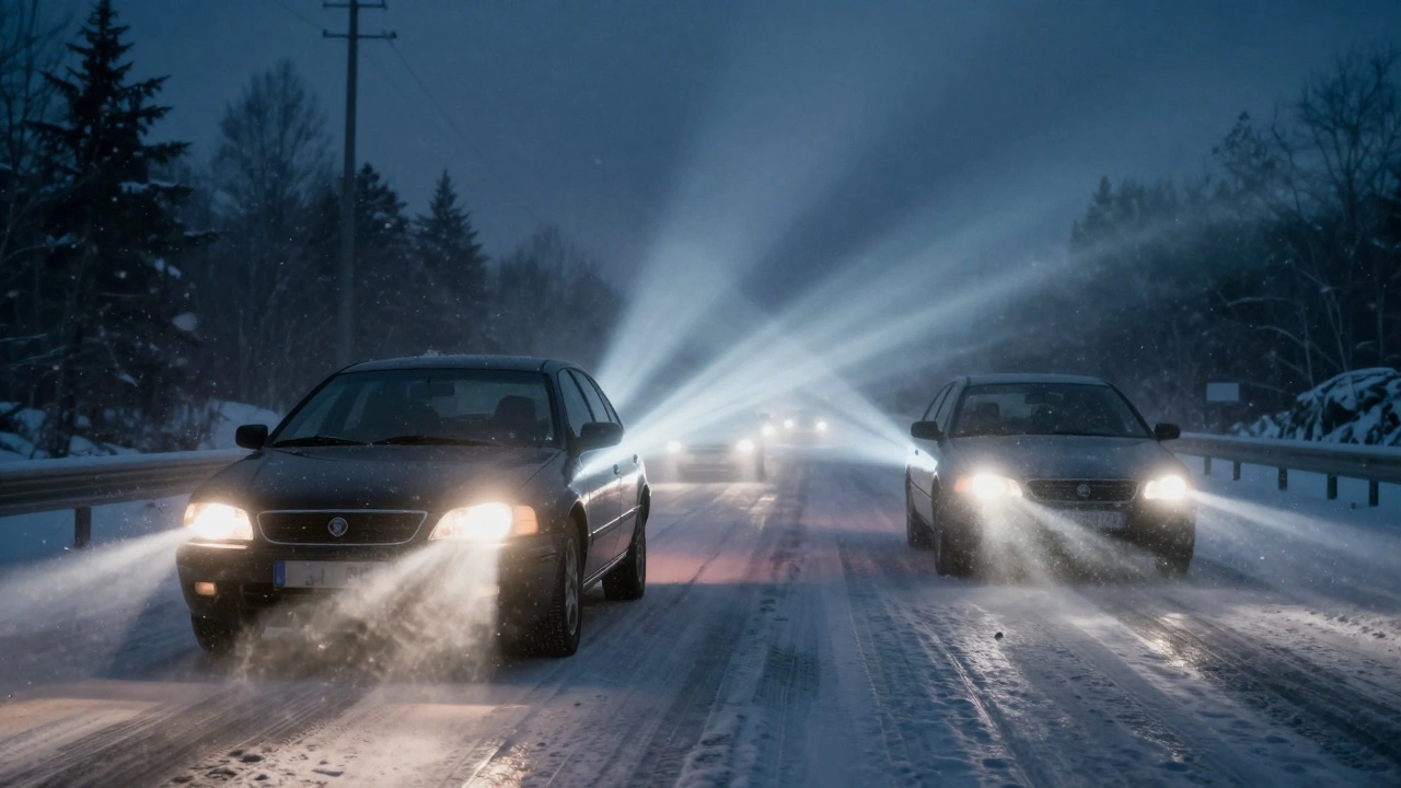 Фары с неправильным световым потоком ослепляют встречные машины в тумане.