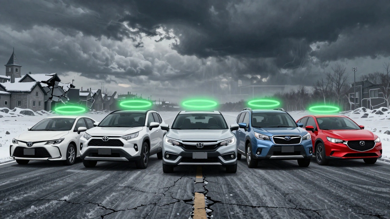 Five reliable cars glowing with reliability halos on a winter road, others fading away.