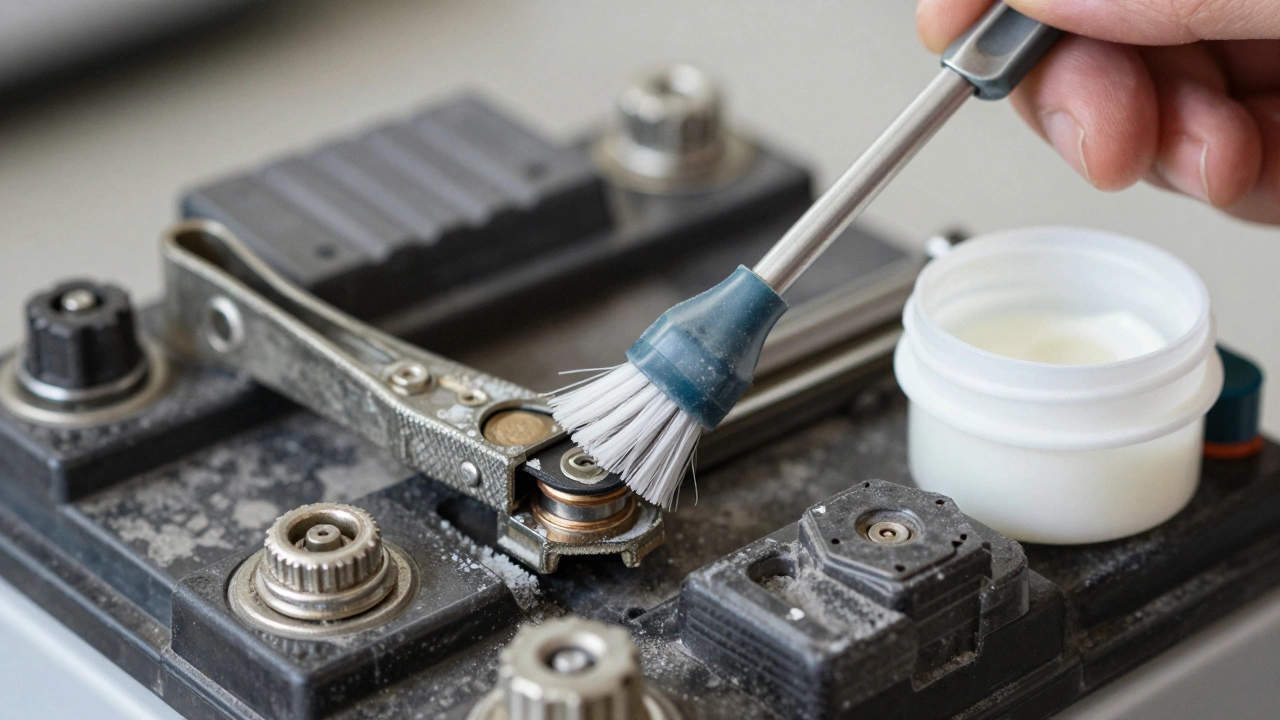 Механик чистит клеммы аккумулятора от окисления щёткой.