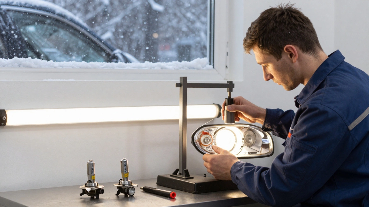 Механик настраивает угол наклона фар на стенде, на стене чёткая граница светового потока, за окном — снегопад.