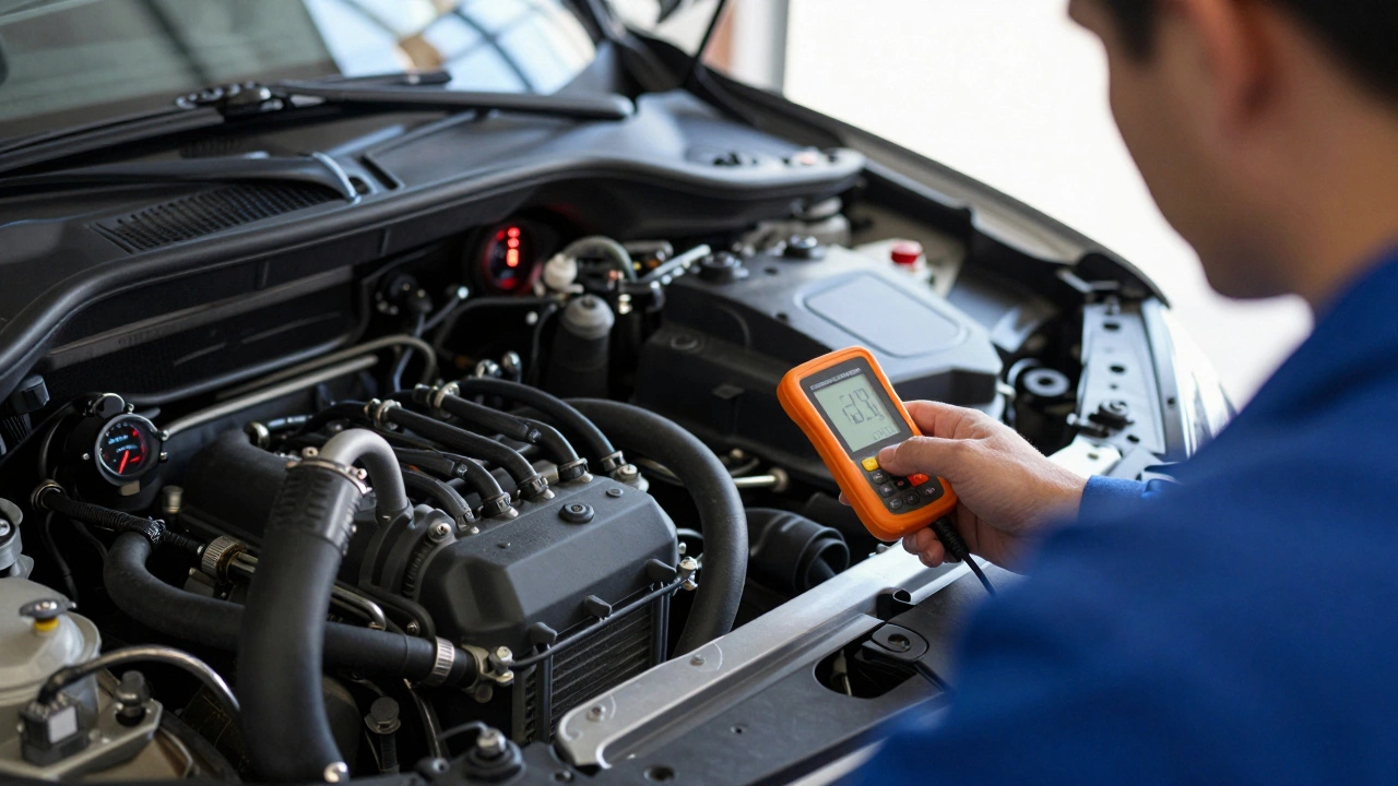 Механик проверяет систему охлаждения двигателя с термометром