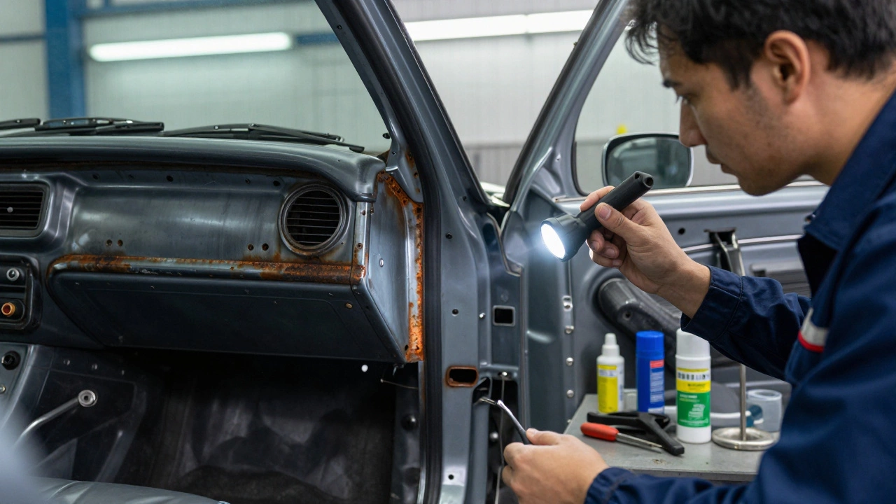 Механик проверяет внутреннюю полость двери классического автомобиля магнитом и фонариком.