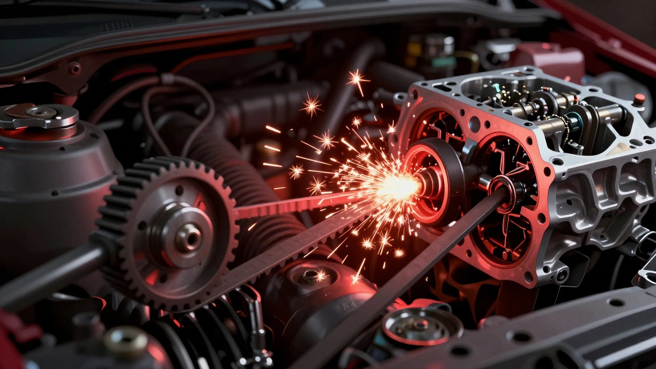 Обрыв ремня ГРМ из-за заклинившего ролика: повреждённые клапаны и поршни в двигателе, искры от трения, красное предупреждающее свечение.