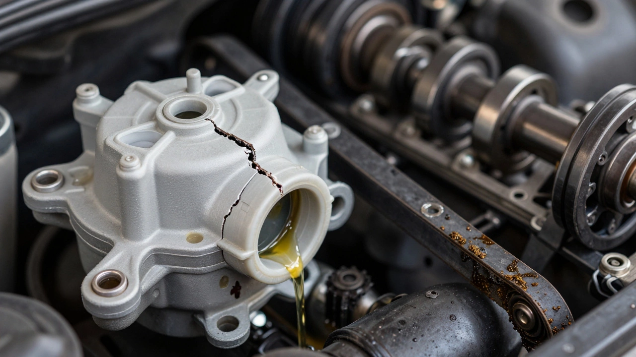 Поврежденная помпа с течью и масляный ремень ГРМ в моторном отсеке.