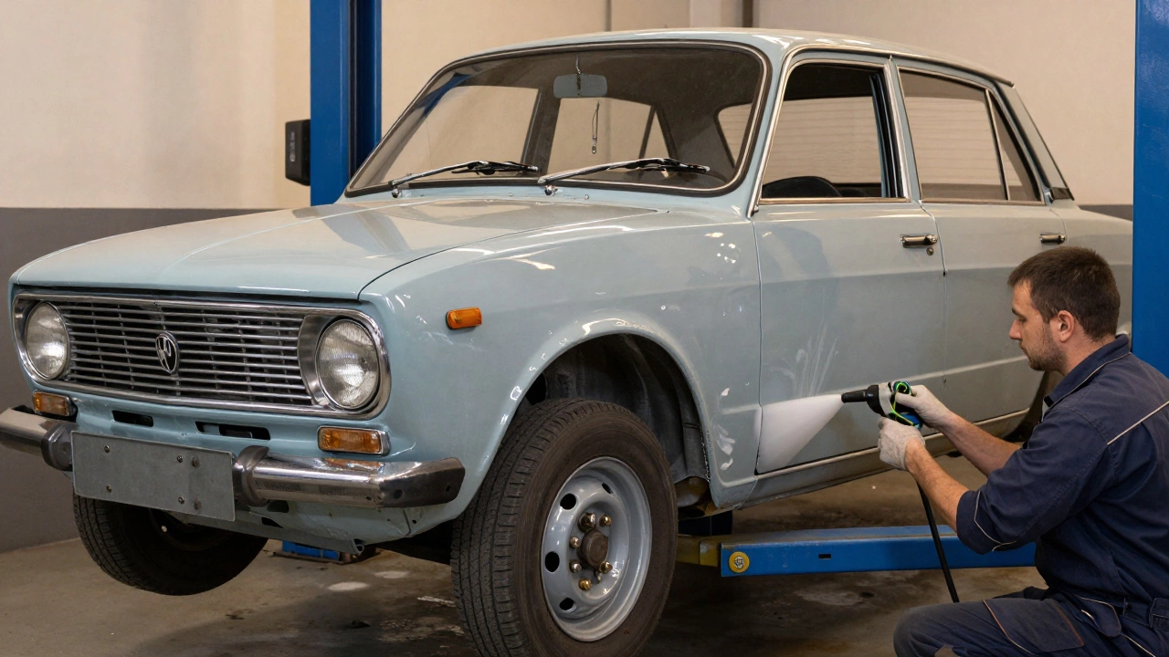 Профессиональная обработка антикоррозийным составом полостей кузова старинного автомобиля.