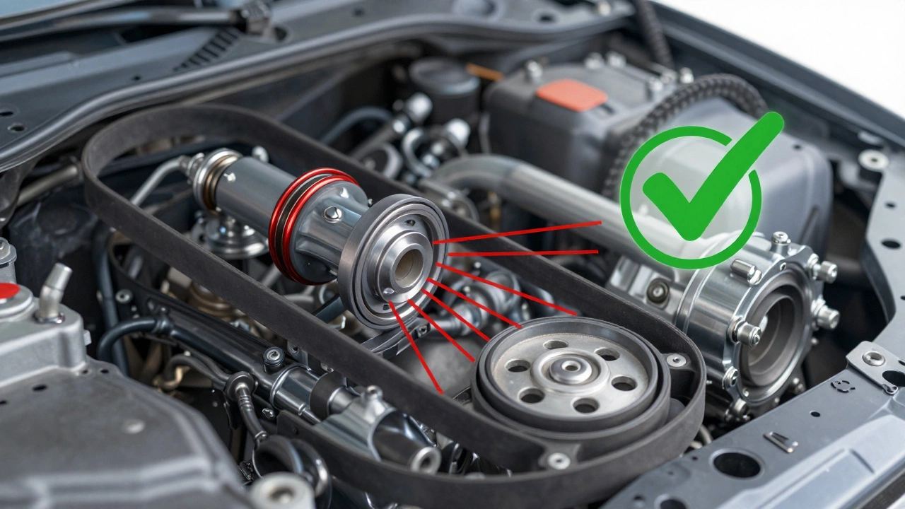 Прозрачный двигатель с предупреждающими линиями на отказывающих деталях и зеленой галочкой на замененных компонентах.