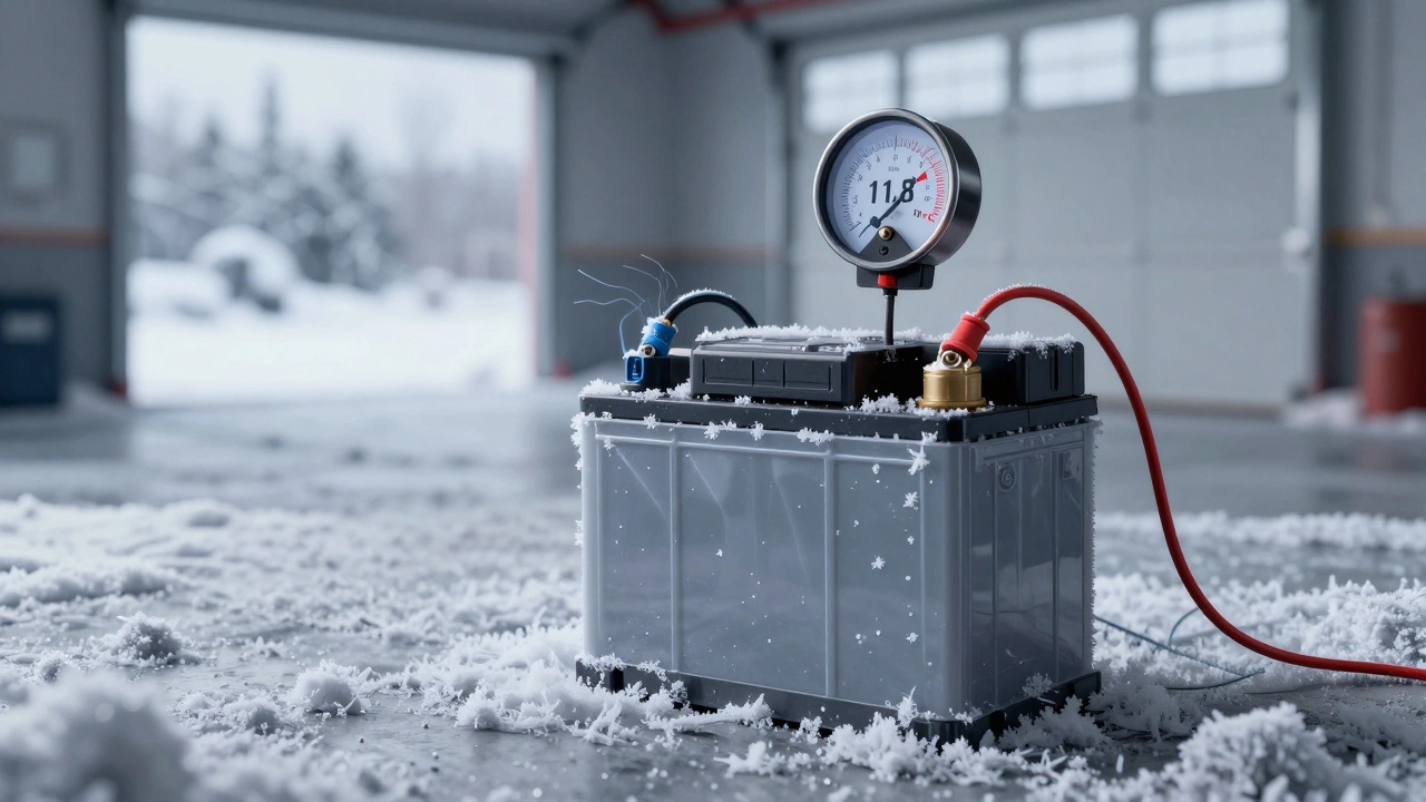 Разряженный аккумулятор с вольтметром, показывающим низкое напряжение, на фоне зимнего пейзажа.